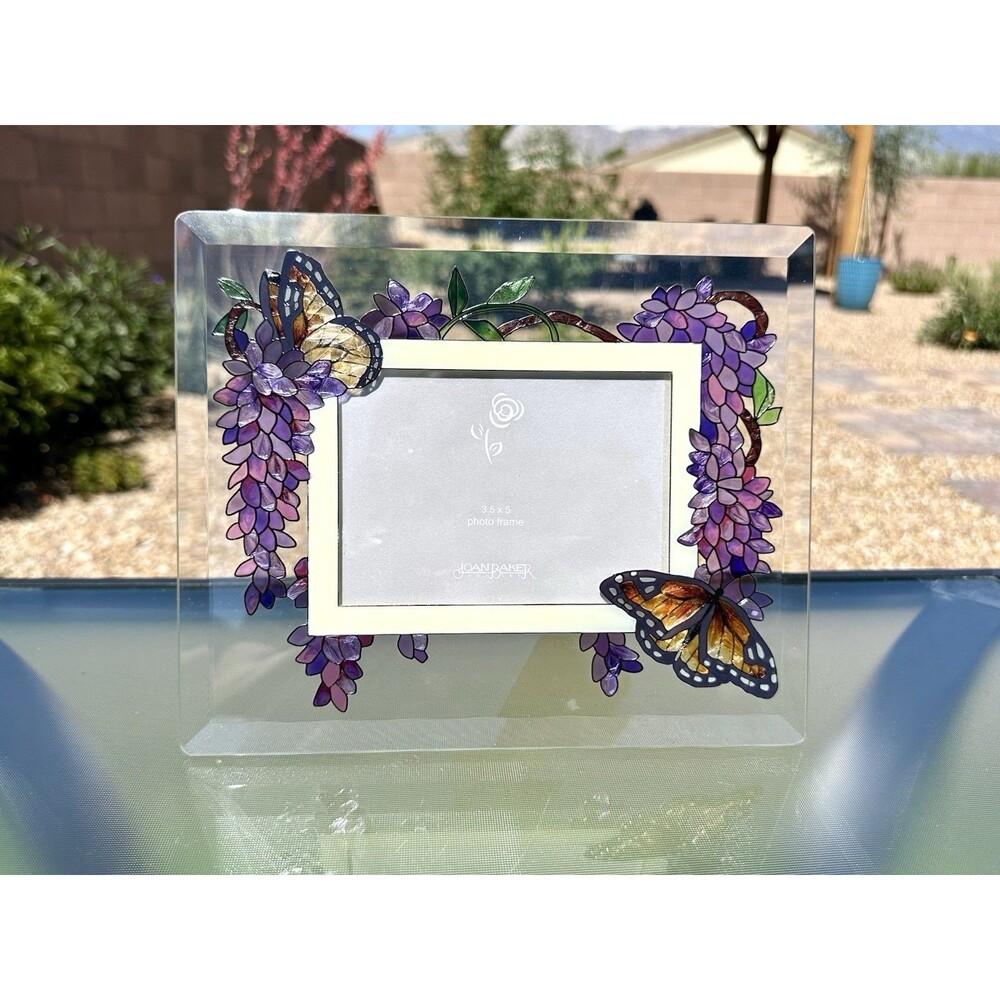 Joan Baker Designs Hand Painted Beveled Glass Picture Frame Floral Butterflies